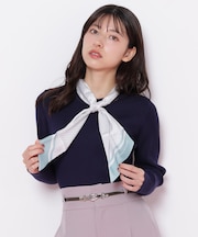 幾何チェック柄スカーフ付きリブニット