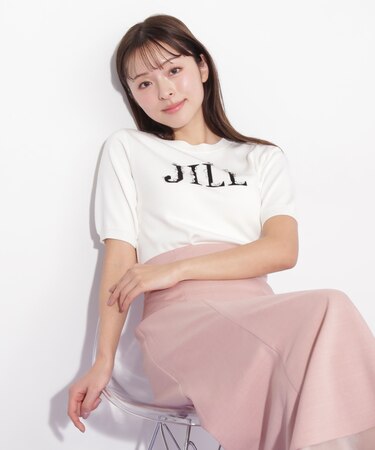 半袖ロゴジャカードビジューニット
