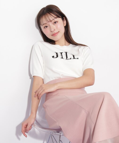 半袖ロゴジャカードビジューニット
