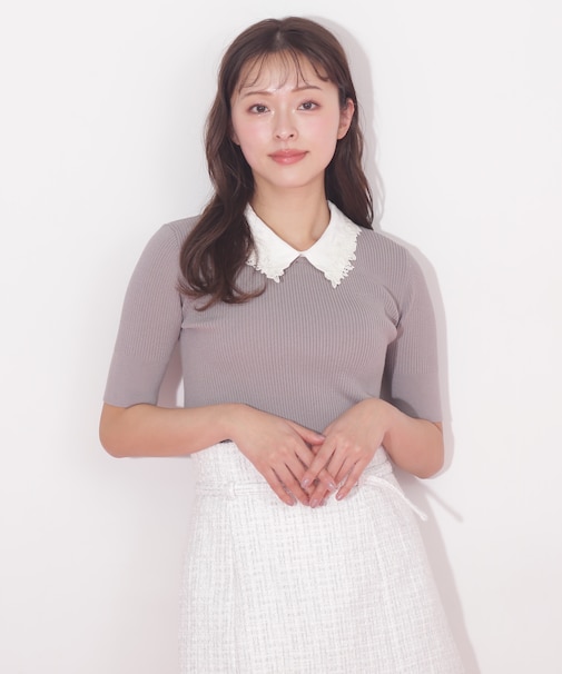 衿付きリブニット5分袖
