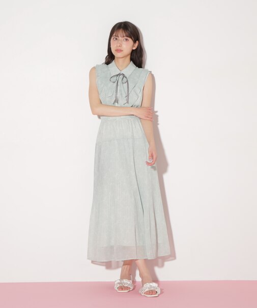 プリーツフリルプリントワンピース