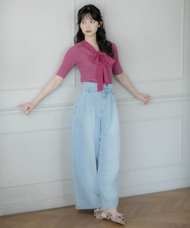 タックワイドライトデニムパンツ