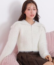 ラメフェザービッグカラーニットブルゾン