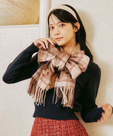 ＜BEARシリーズ＞Holidayベア刺繍チェックストール