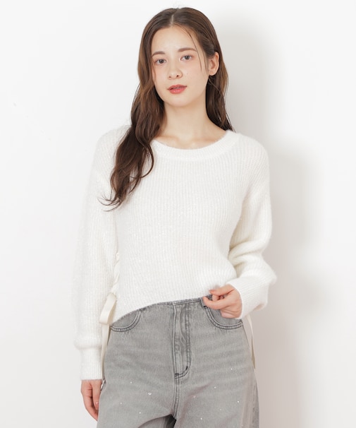 サイドリボンフィルムフェザーニット