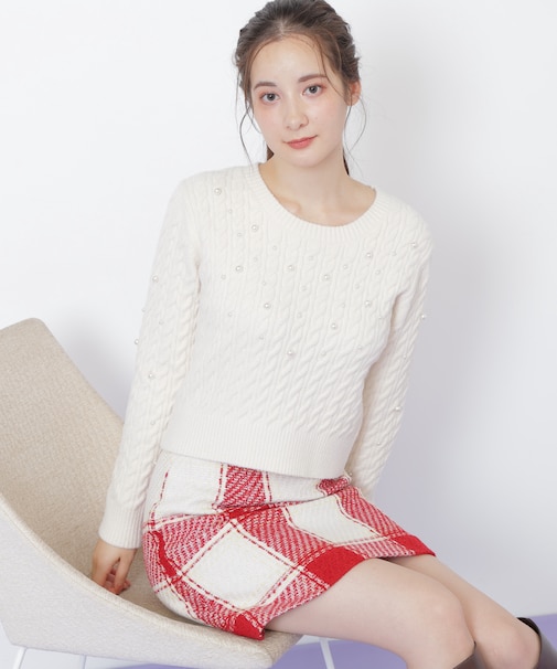 ランダムパールミニケーブルニット