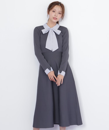 シャツ襟ドッキングニットワンピース