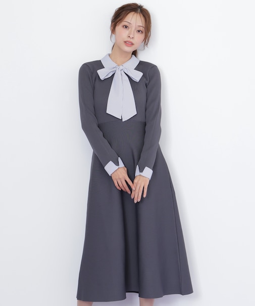 シャツ襟ドッキングニットワンピース