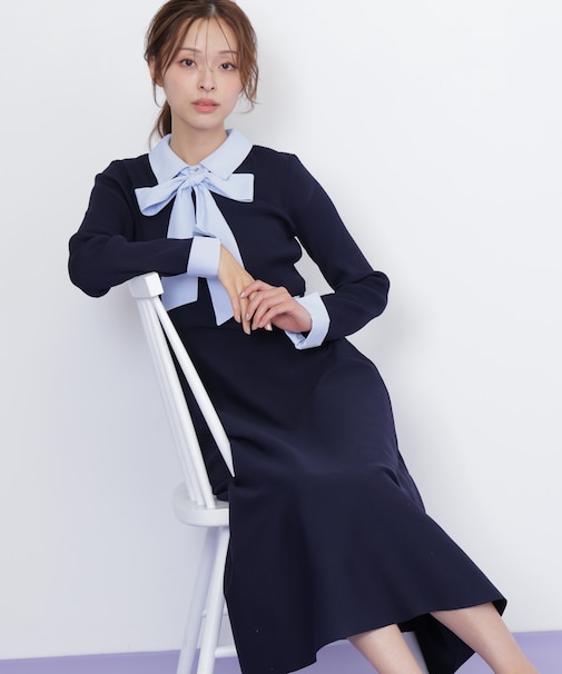 シャツ襟ドッキングニットワンピース