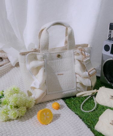 パステルツイードフレームフリルトートバッグ