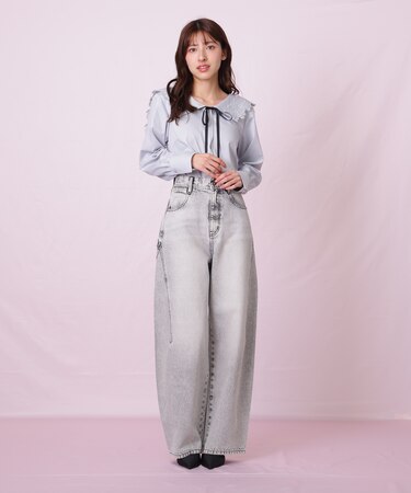 リボン加工カーブパネルデニムパンツ