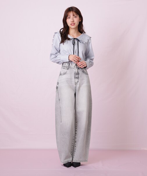 リボン加工カーブパネルデニムパンツ