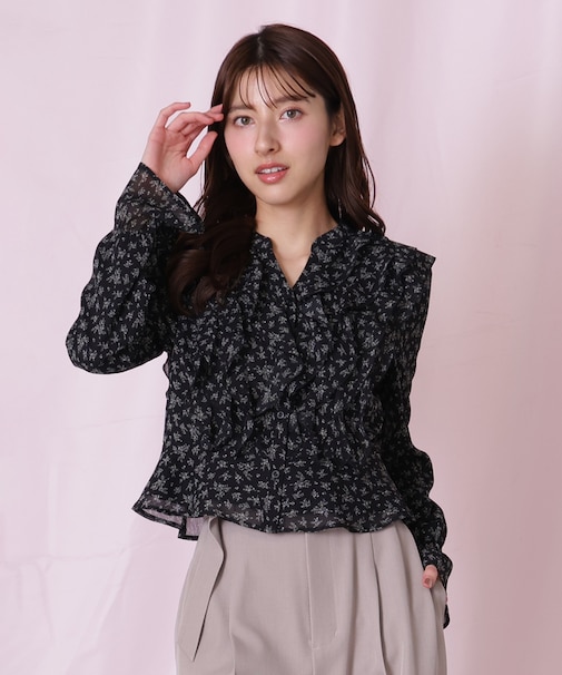 小花プリントフリルブラウス
