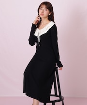 フリル襟バイカラーニットワンピース