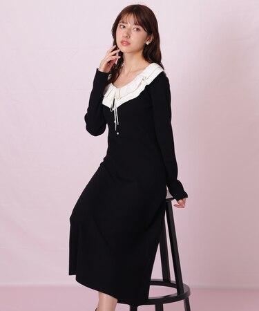 フリル襟バイカラーニットワンピース