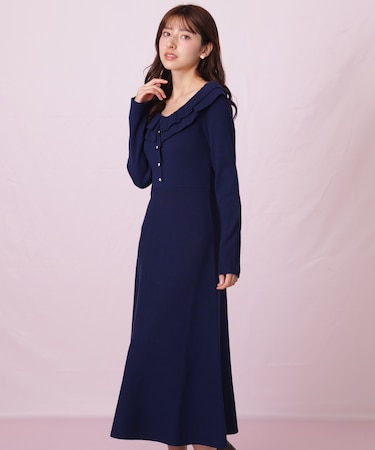 フリル襟バイカラーニットワンピース