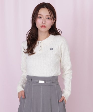 ポロ衿コットンブレンドケーブルニット