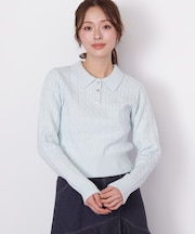 ポロ衿コットンブレンドケーブルニット