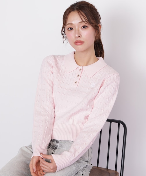 ポロ衿コットンブレンドケーブルニット