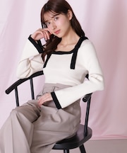 肩リボン配色ニット