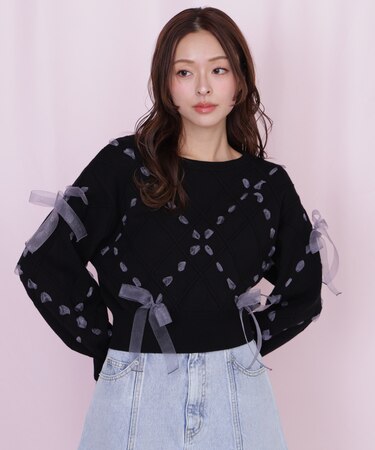 ダイヤ柄リボンニット