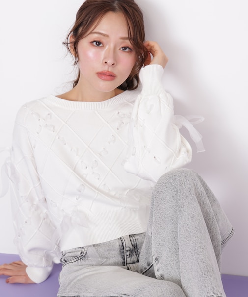 ダイヤ柄リボンニット