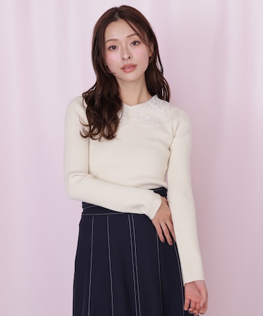 レース襟コンパクトリブニット