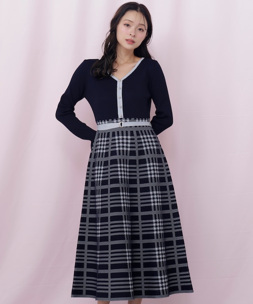 チェックニットワンピース