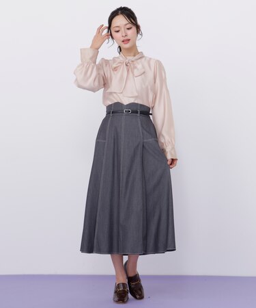 ベルト付き配色ステッチフレアスカート