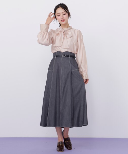 ベルト付き配色ステッチフレアスカート