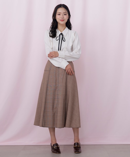 ベルト付き配色ステッチフレアスカート