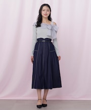 ベルト付き配色ステッチフレアスカート