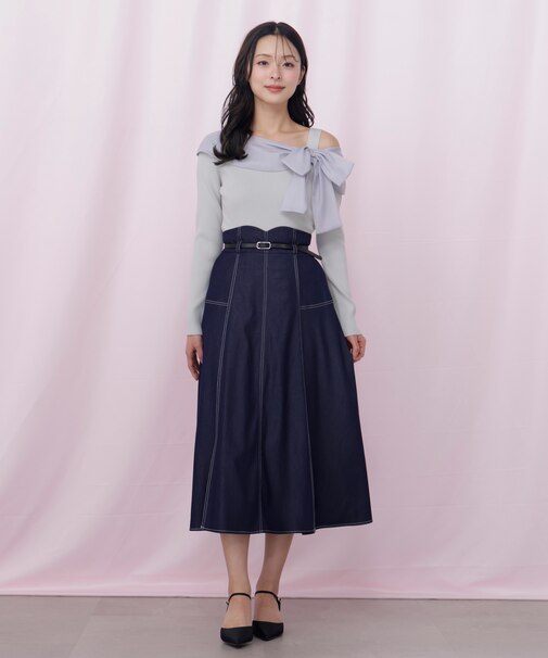 ベルト付き配色ステッチフレアスカート