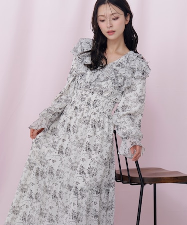 花柄ボリュームフリルワンピース