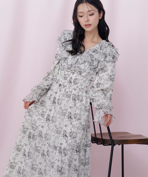 花柄ボリュームフリルワンピース