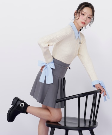 袖リボンケーブルカーディガン