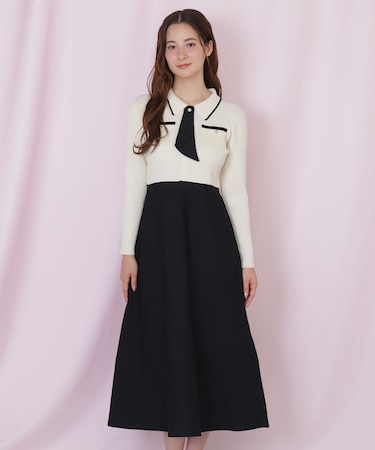 タイ付きニットワンピース