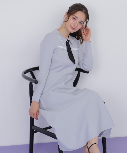 タイ付きニットワンピース