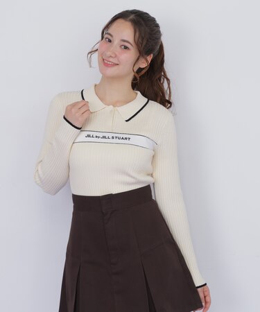 ポロ襟配色ラインリブニット
