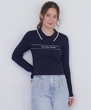 ポロ襟配色ラインリブニット