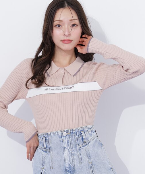 ポロ襟配色ラインリブニット