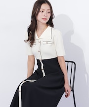 開襟配色ニットワンピース