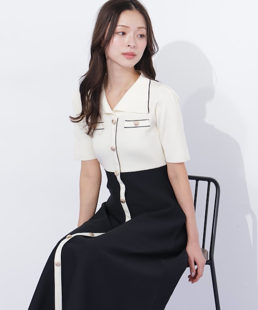 開襟配色ニットワンピース