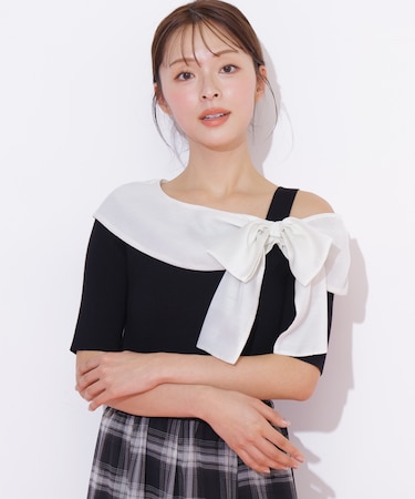 半袖アシメリボンニット