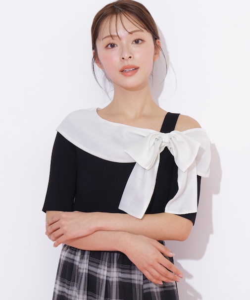 半袖アシメリボンニット