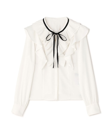 プリーツフリルリボンタイブラウス