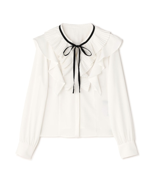 プリーツフリルリボンタイブラウス