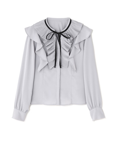プリーツフリルリボンタイブラウス