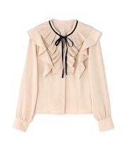 プリーツフリルリボンタイブラウス