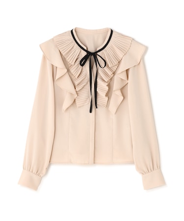 プリーツフリルリボンタイブラウス